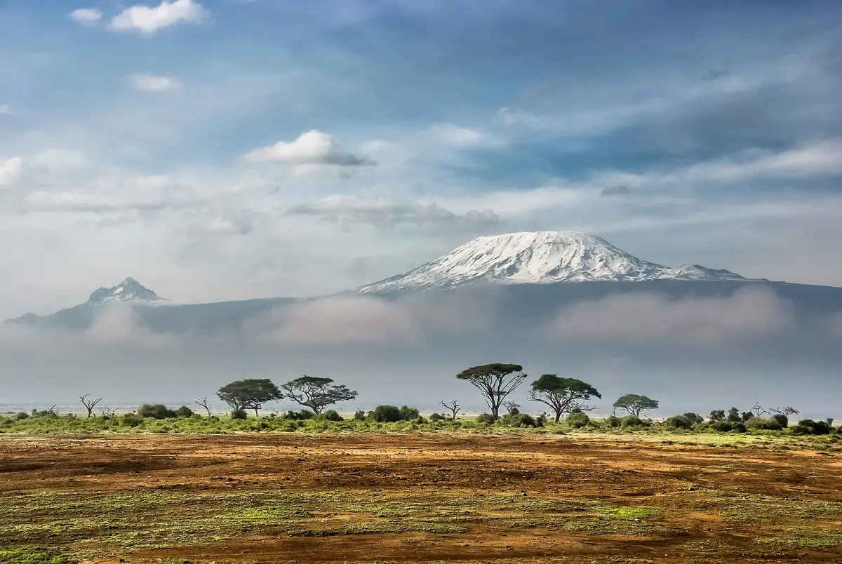 Snow-capped Kilimanjaro rising above acacia trees and red-brown plains in Amboseli